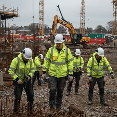 Construction team in hi-vis and hard hats on a UK building site with an excavator and tower cranes